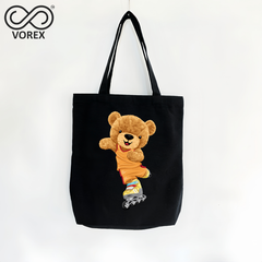 Roller Skating Happy Bear Cartoon - VOREX Fun Animated Canvas Tote, Lightweight for Sports & Outdoors (Beige & Black)